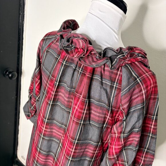 NWT Newport News Plaid Ruffle Rose Neck Midi Dress Red Gray, Fitted Like M - Picture 6 of 14